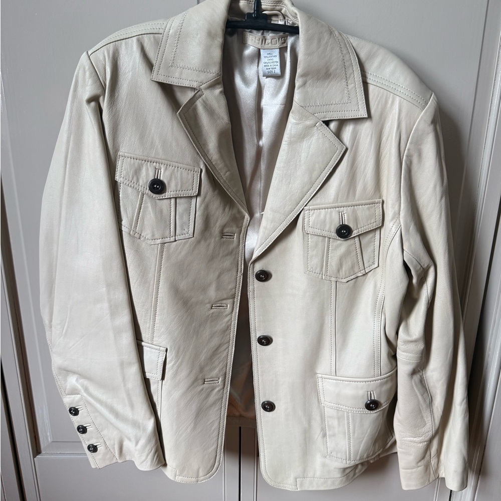 Vintage Chicos Crinkle Leather Blazer Jacket Georgina Oyster Chicos Sz 2 (Large)